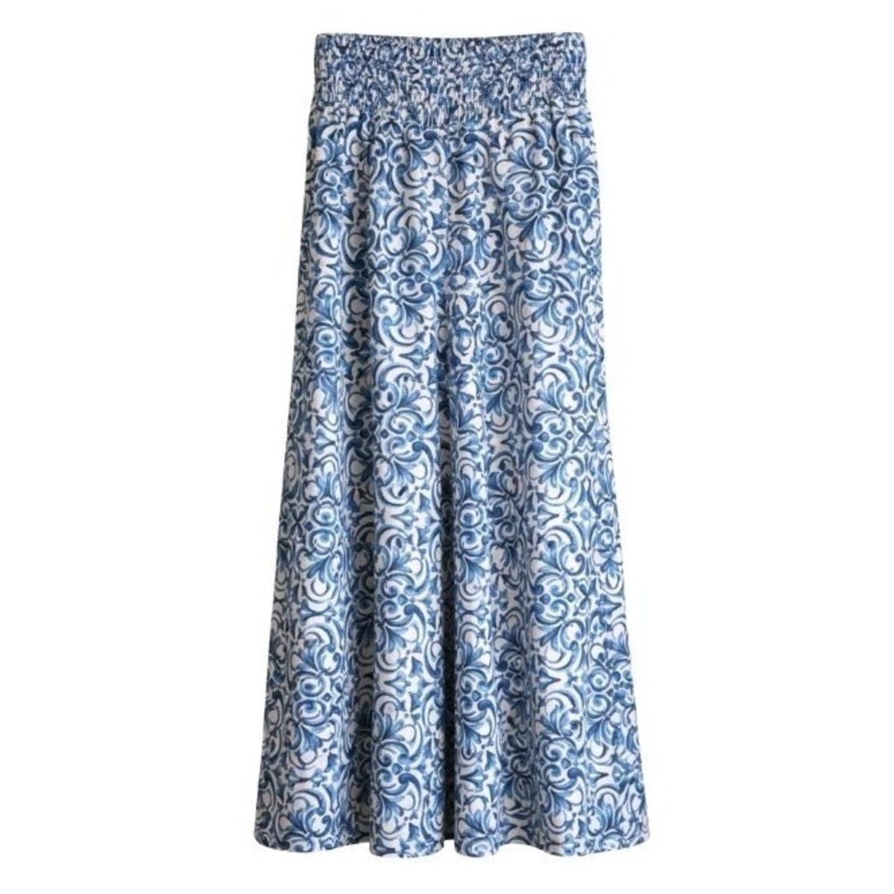 CeCe Blue White Linen Blend Palazzo Tile Print Pull On Pants Ultra Wide Leg Sz L